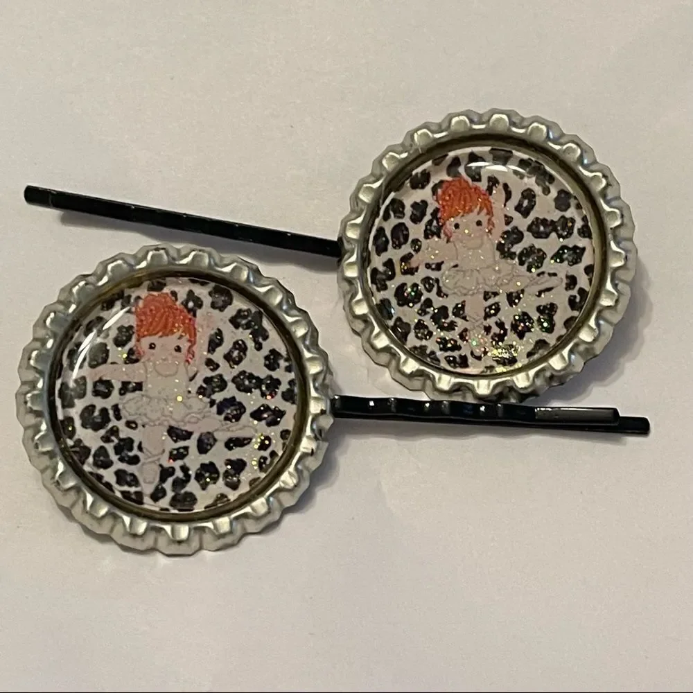 NEW bottle cap Bobbie pin pair red head ballerina ballet leopard print